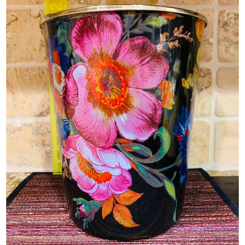MACKENZIE-CHILDS Black Floral Enamel Waste Bin